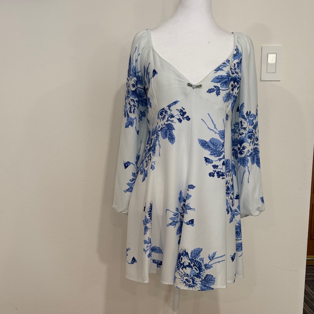 Free People Blue  Floral Long Sleeve Mini Dress